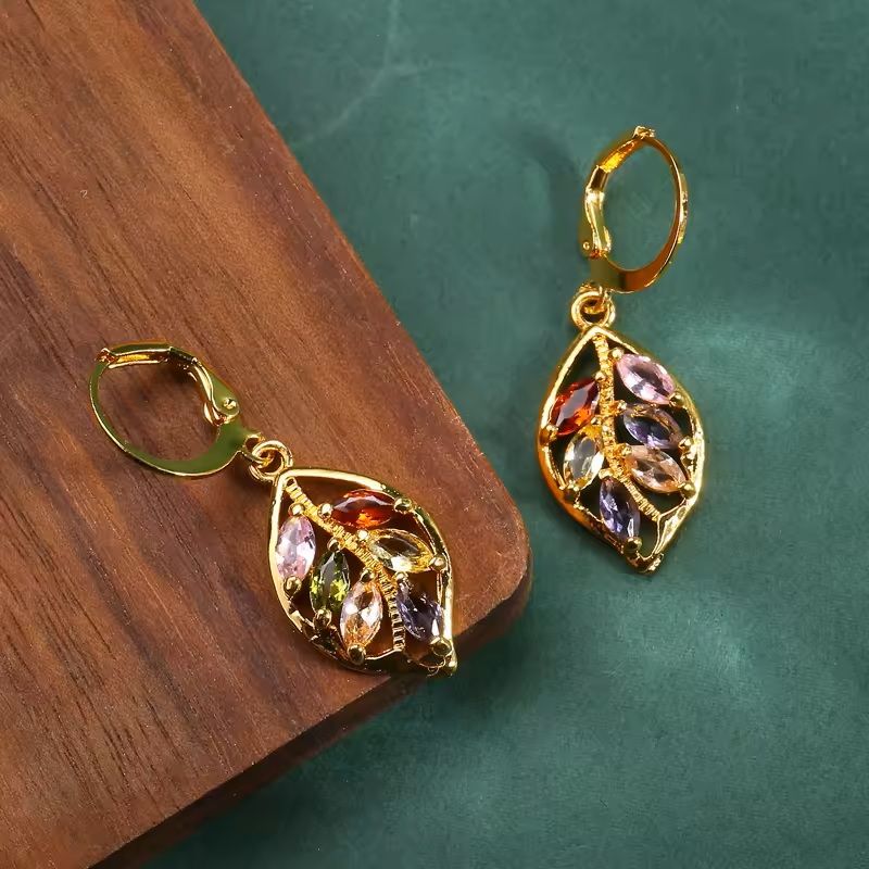 Golden Leaf Zircon Earrings  Elegant Colored Crystal Jewelry Gift For Women 3
