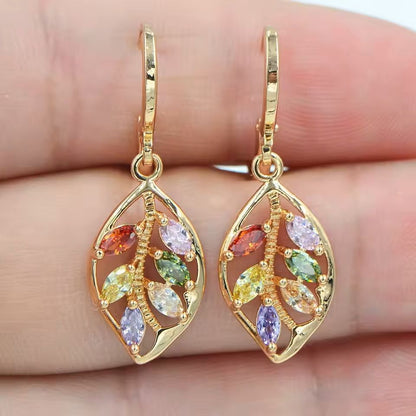 Golden Leaf Zircon Earrings – Elegant Colored Crystal Jewelry Gift for Women