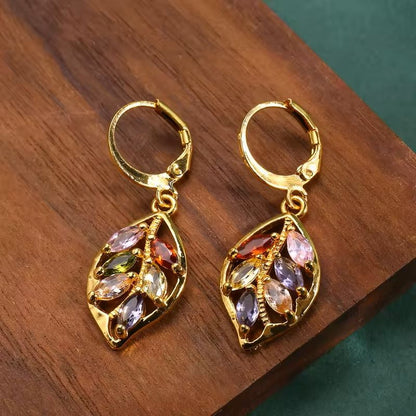 Golden Leaf Zircon Earrings  Elegant Colored Crystal Jewelry Gift For Women 4