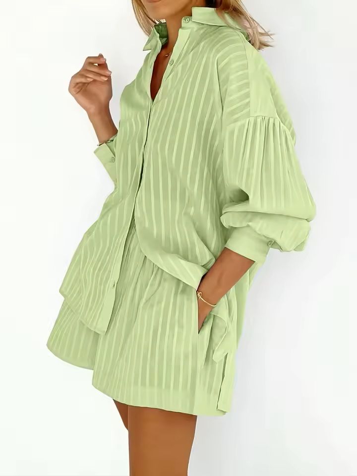Cotton Two Piece Shorts Set For Women  Long Sleeve Striped Shirt And Matching Summer Outfit 1