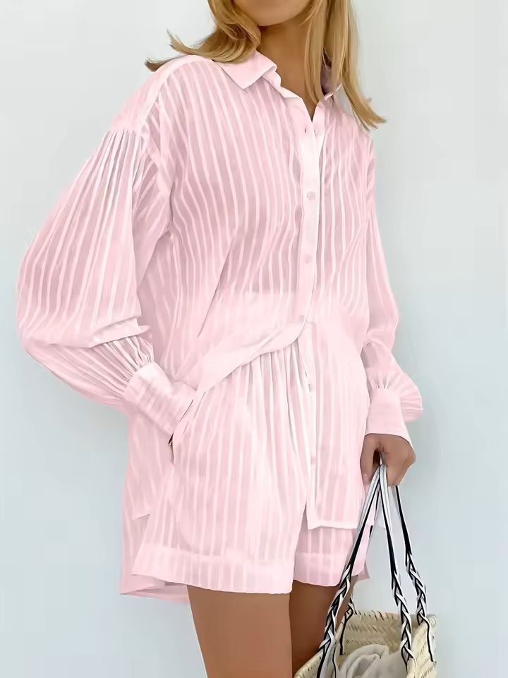 Cotton Two Piece Shorts Set For Women  Long Sleeve Striped Shirt And Matching Summer Outfit 3