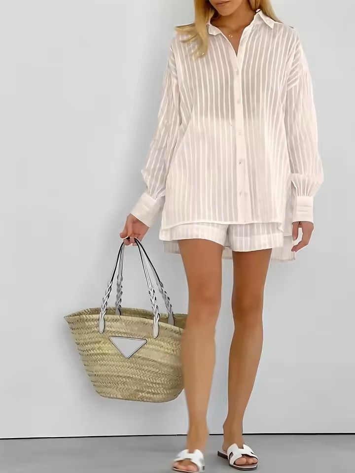 Cotton Two Piece Shorts Set For Women  Long Sleeve Striped Shirt And Matching Summer Outfit 4