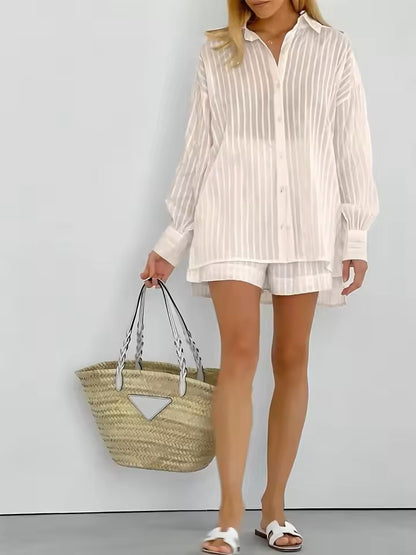 Cotton Two Piece Shorts Set For Women  Long Sleeve Striped Shirt And Matching Summer Outfit 4