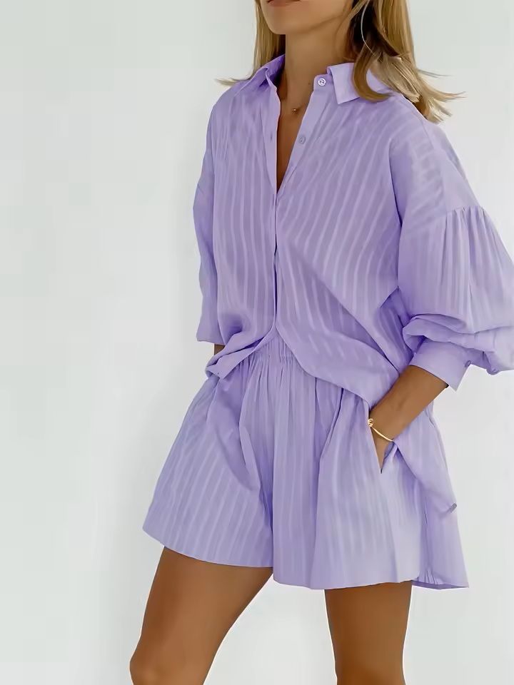 Cotton Two Piece Shorts Set For Women  Long Sleeve Striped Shirt And Matching Summer Outfit 5