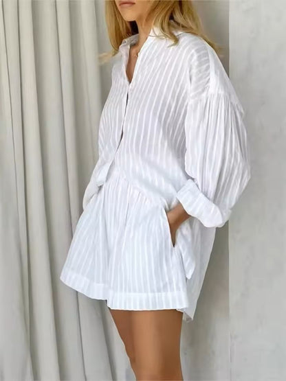 Cotton Two Piece Shorts Set For Women  Long Sleeve Striped Shirt And Matching Summer Outfit 7