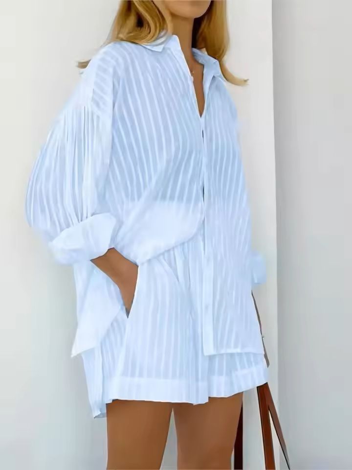 Cotton Two Piece Shorts Set for Women – Long Sleeve Striped Shirt and Matching Summer Outfit