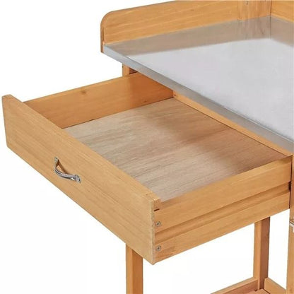 Wooden Garden Potting Bench Table Outdoor Work Bench With Cabinet Drawer  Open Shelf For Planting   3