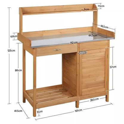 Wooden Garden Potting Bench Table Outdoor Work Bench With Cabinet Drawer  Open Shelf For Planting   6