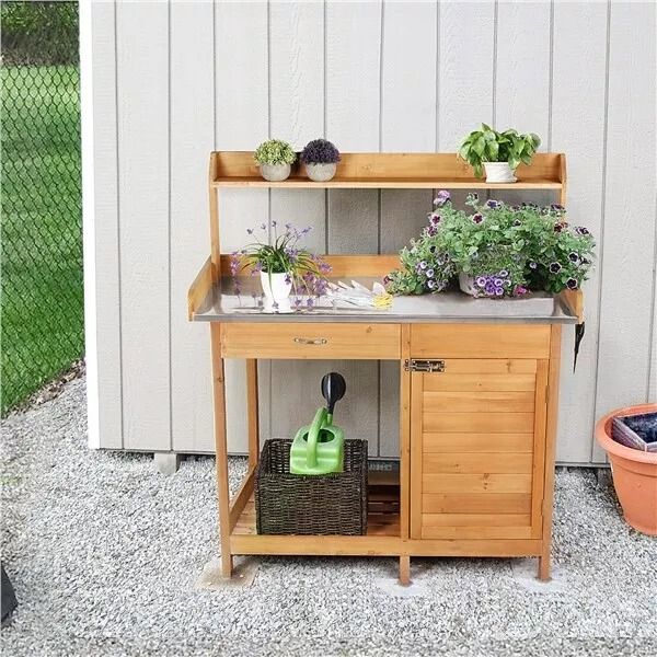 Wooden Garden Potting Bench Table Outdoor Work Bench With Cabinet Drawer  Open Shelf For Planting   7