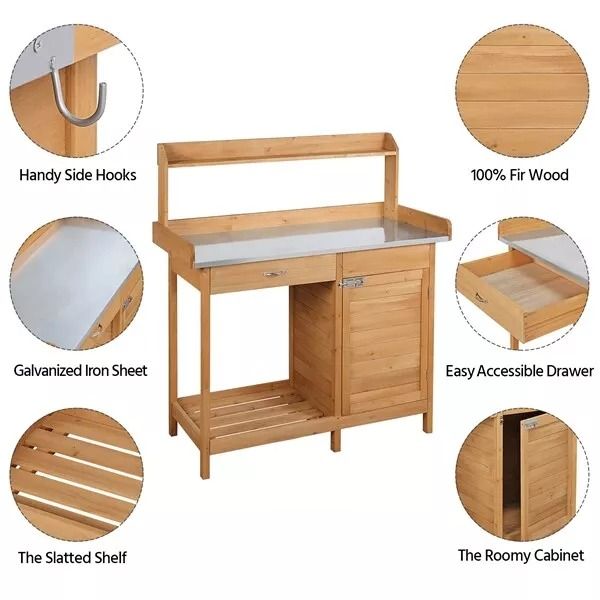 Wooden Garden Potting Bench Table Outdoor Work Bench With Cabinet Drawer  Open Shelf For Planting   9