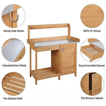 Wooden Garden Potting Bench Table Outdoor Work Bench With Cabinet Drawer  Open Shelf For Planting   9