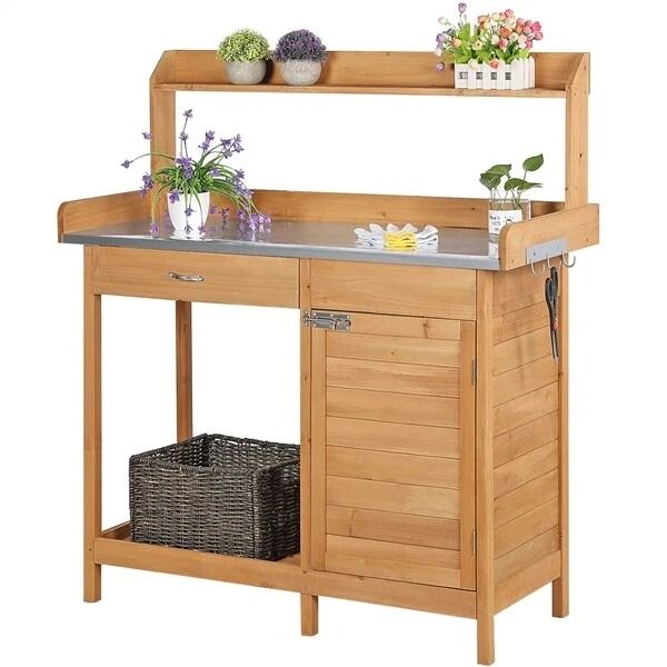 Wooden Garden Potting Bench Table Outdoor Work Bench With Cabinet Drawer  Open Shelf For Planting   10