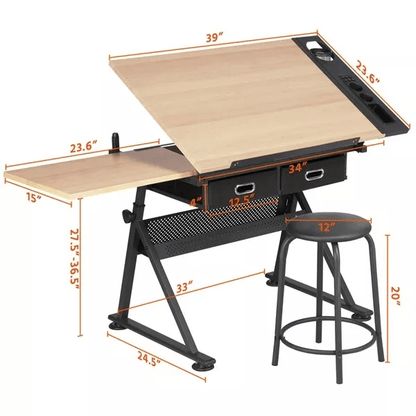 Height Adjustable Drafting Table Drawing Art Desk With Stool  2 Drawers Tilt Angle Artist Workstati