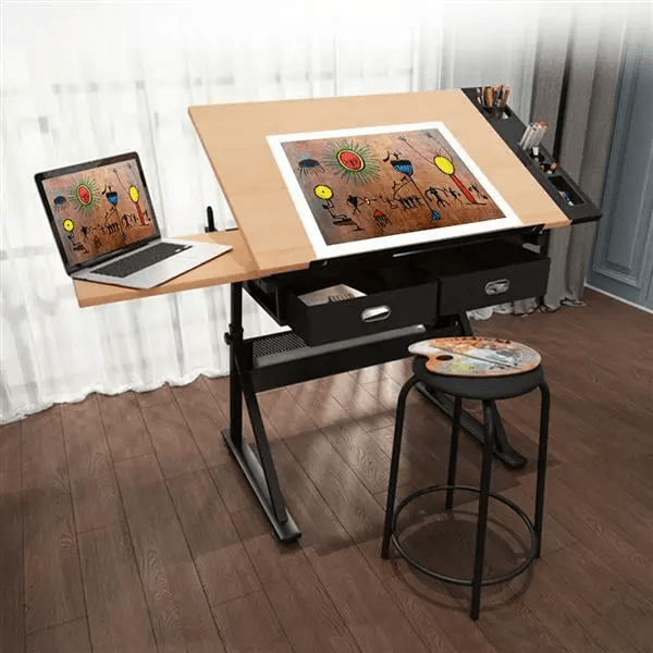 Height Adjustable Drafting Table Drawing Art Desk With Stool  2 Drawers Tilt Angle Artist Workstati