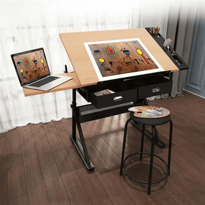 Height Adjustable Drafting Table Drawing Art Desk With Stool  2 Drawers Tilt Angle Artist Workstati