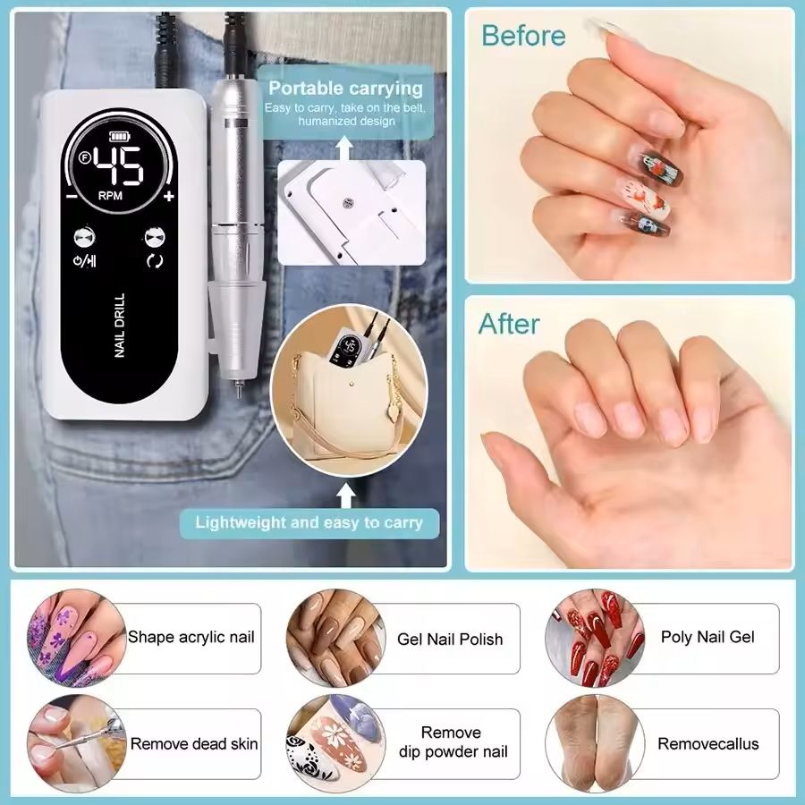 Professional Electric Nail Drill Machine  45000RPM Rechargeable Low Noise Manicure Tool 4