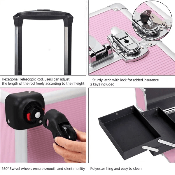 Large Professional Makeup Case Rolling Train Case Secure Cosmetic Organizer With Key Lock 3