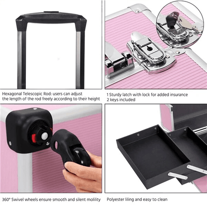 Large Professional Makeup Case Rolling Train Case Secure Cosmetic Organizer With Key Lock 3