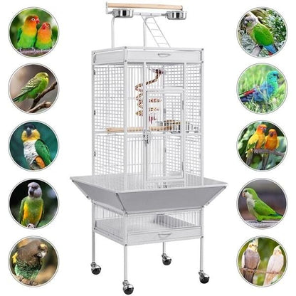61 Large Bird Cage with Play Top Spacious Parrot Cage for Finch, Cockatoo, Budgie & Conure Includes Stand, Wheels. Toys
