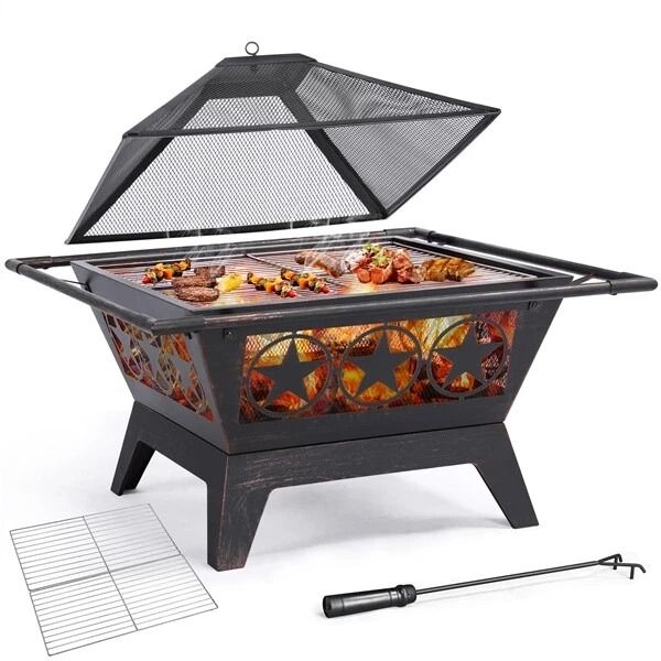 32in Wood Burning Fire Pit  HeavyDuty Steel Fire Bowl With Cooking Grill For Outdoor Gatherings 10