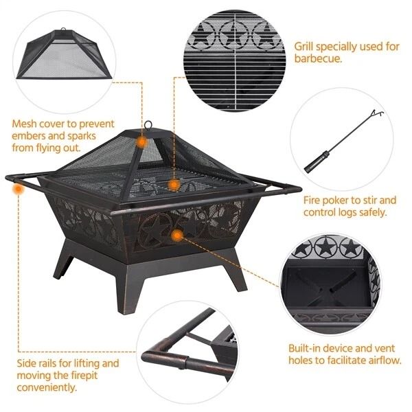32in Wood Burning Fire Pit  HeavyDuty Steel Fire Bowl With Cooking Grill For Outdoor Gatherings 7