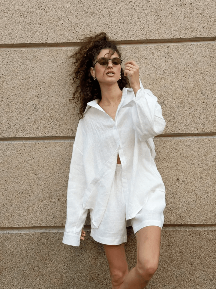 Womens Cotton Lounge Shorts Set TwoPiece Long Sleeve Summer Outfit 1