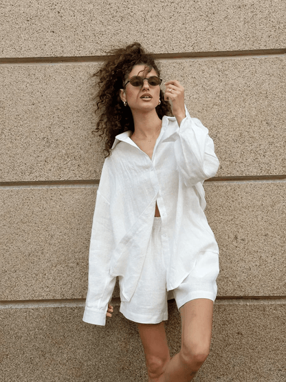 Womens Cotton Lounge Shorts Set TwoPiece Long Sleeve Summer Outfit 1