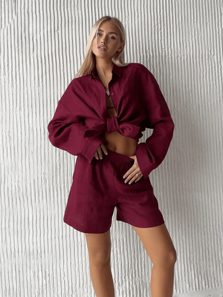 Womens Cotton Lounge Shorts Set TwoPiece Long Sleeve Summer Outfit 6