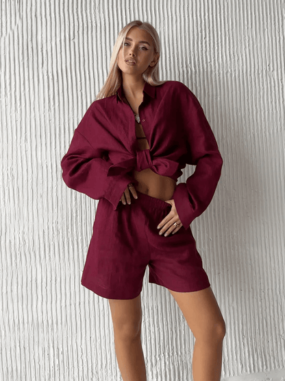 Womens Cotton Lounge Shorts Set TwoPiece Long Sleeve Summer Outfit 6