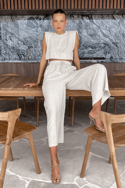 Womens Linen Two Piece Set Crop Top and Pants Summer Matching Outfit