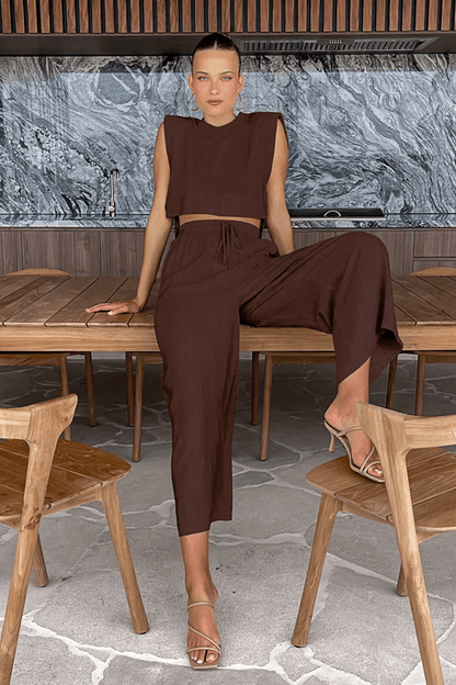 Womens Linen Two Piece Set Crop Top And Pants Summer Matching Outfit 1