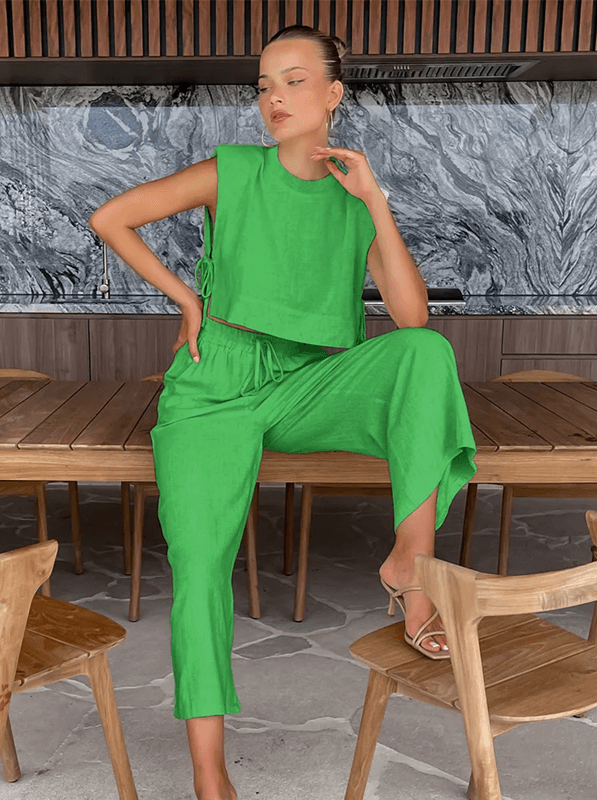 Womens Linen Two Piece Set Crop Top And Pants Summer Matching Outfit 2