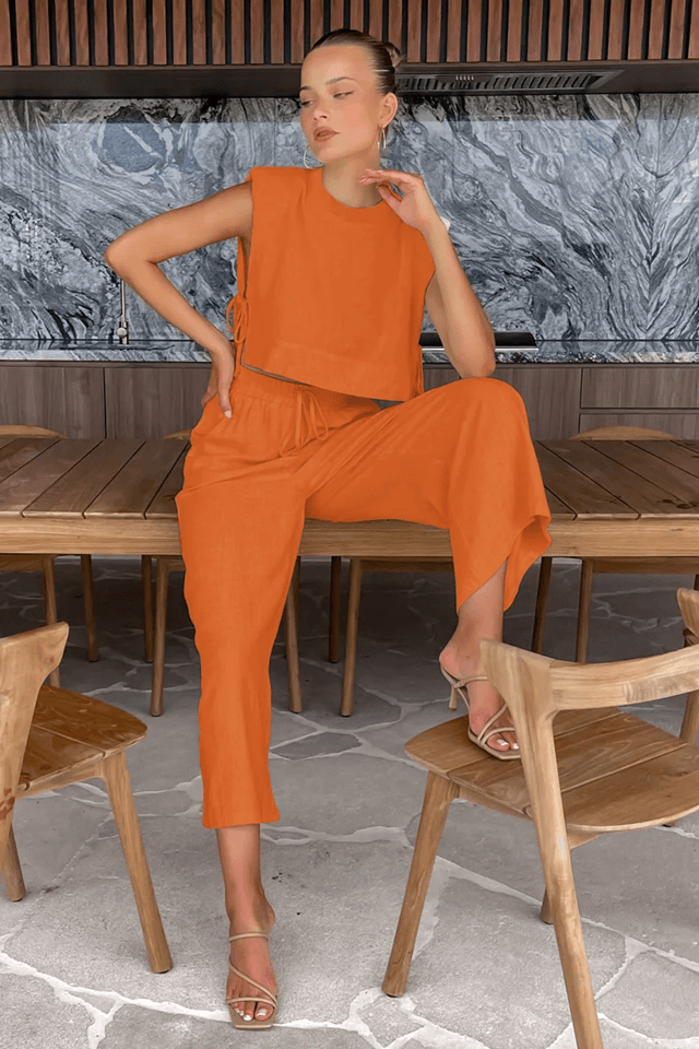 Womens Linen Two Piece Set Crop Top And Pants Summer Matching Outfit 4