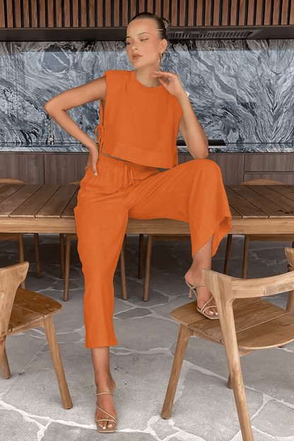 Womens Linen Two Piece Set Crop Top And Pants Summer Matching Outfit 4