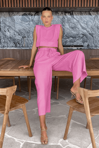 Womens Linen Two Piece Set Crop Top And Pants Summer Matching Outfit 5