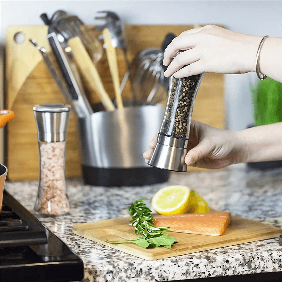 Premium Stainless Steel Salt And Pepper Grinder Mill Vintage Glass Bottle Spice Shaker Set Adjustab 2