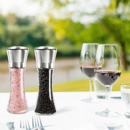 Premium Stainless Steel Salt And Pepper Grinder Mill Vintage Glass Bottle Spice Shaker Set Adjustab 1