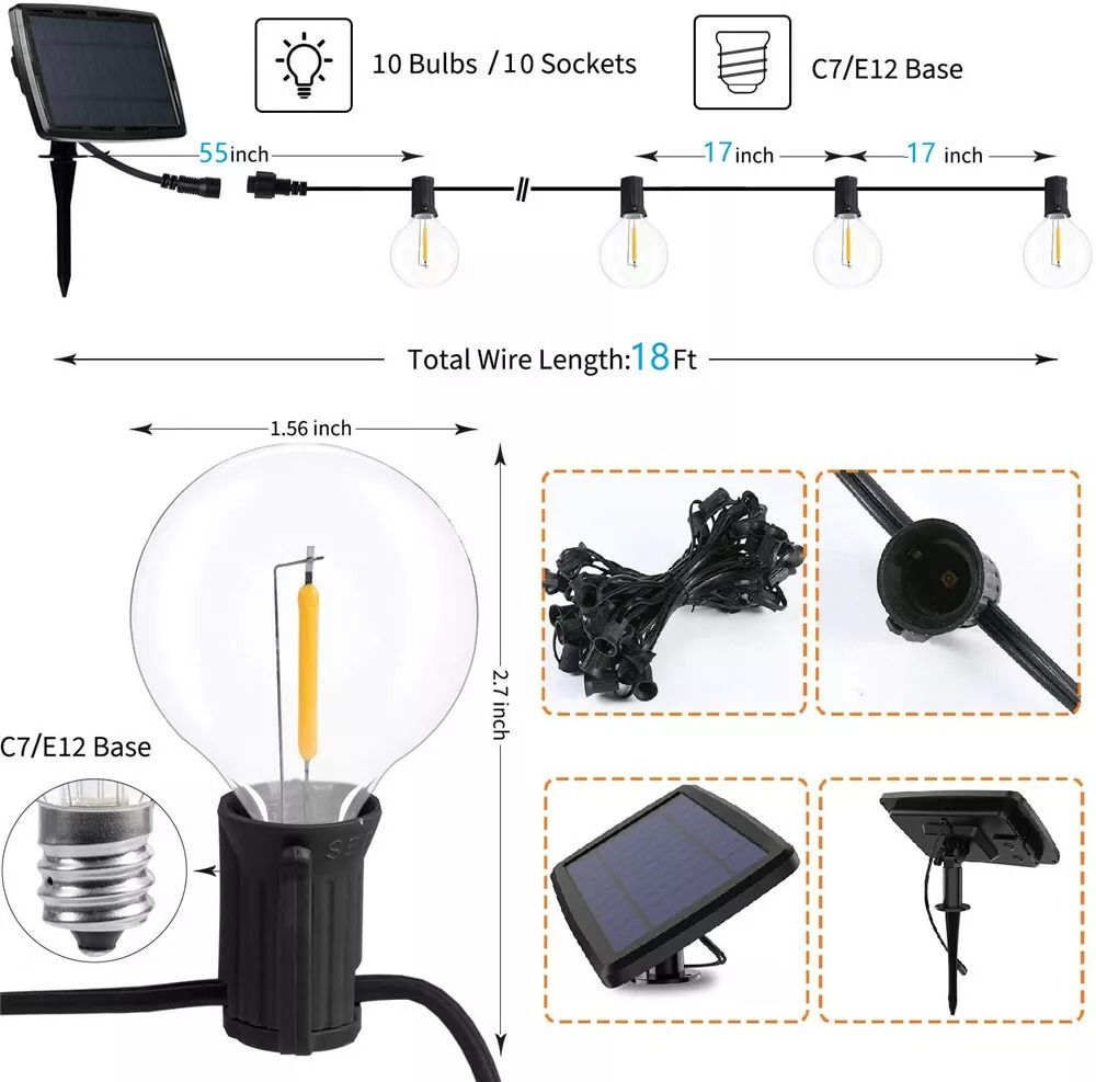 G40 Solar Powered 18ft Outdoor Patio String Lights  Dusk To Dawn Globe Lights For Yard Bistro  Deco 7