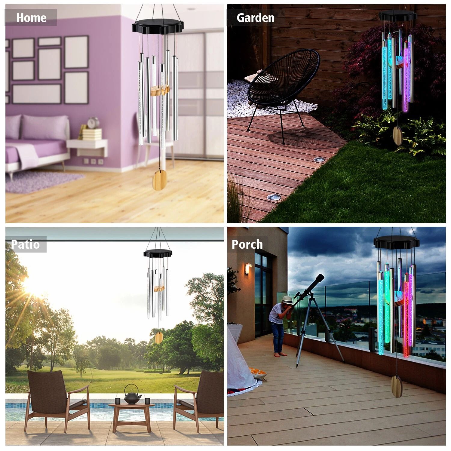 Color Changing Solar Wind Chimes  LED Lights With Large Deep Tone Resonant Bell Tubes For Outdoor D 4