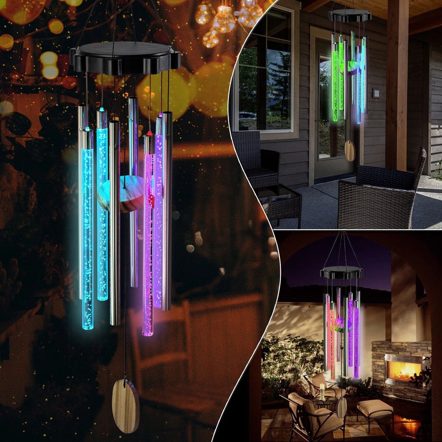 Color Changing Solar Wind Chimes  LED Lights With Large Deep Tone Resonant Bell Tubes For Outdoor D 7