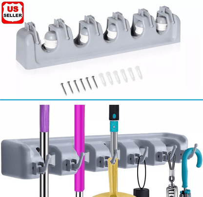 Wall Mount Broom Holder & Garden Tool Garage Organizer, Heavy Duty ABS Plastic Rack for Mop, Rake, Broom