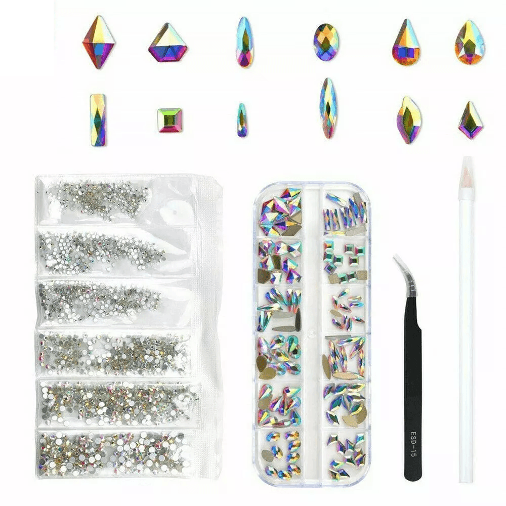 Mix Gems Rhinestones for Nail Art Craft Kit with Picking Up Pen & Stainless Steel Tweezer, Crystal Stones Set, DIY Nails