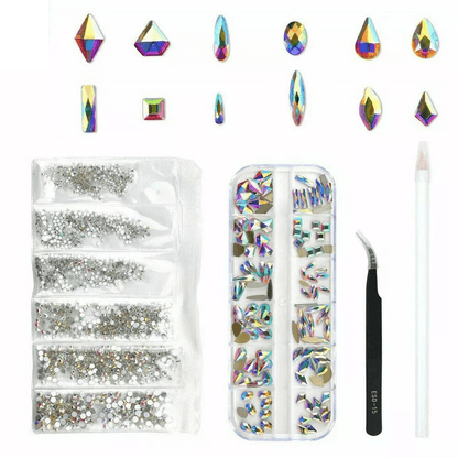 Mix Gems Rhinestones for Nail Art Craft Kit with Picking Up Pen & Stainless Steel Tweezer, Crystal Stones Set, DIY Nails