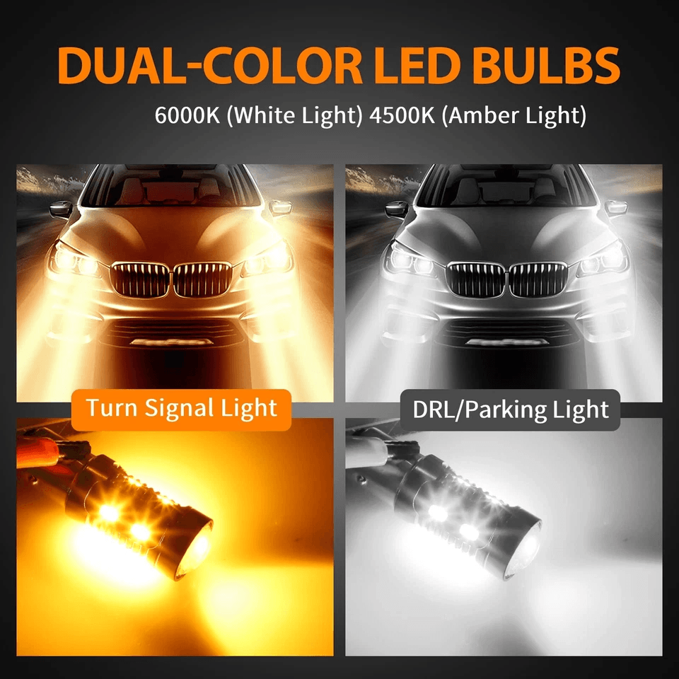LED WhiteAmber DRL Switchback Turn Signal  Parking Light Indicator Bulbs Dual Color High Visibility 1