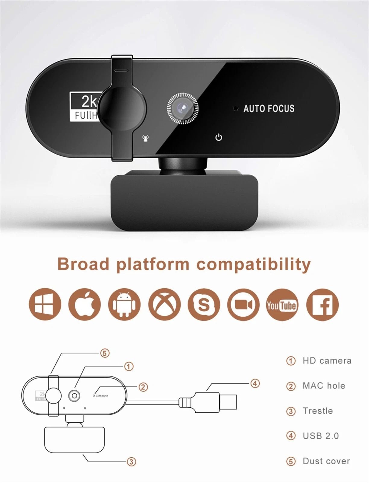 2K HD Webcam With Microphone  Ring Light Autofocus Pro Computer Camera For Gaming Streaming And Con 5