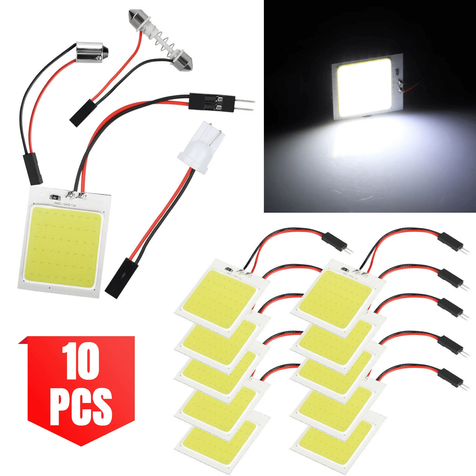 White LED Panel Festoon, Car Interior Dome Map Light Bulbs – Super Bright, Self Adhesive, Adapter Kit