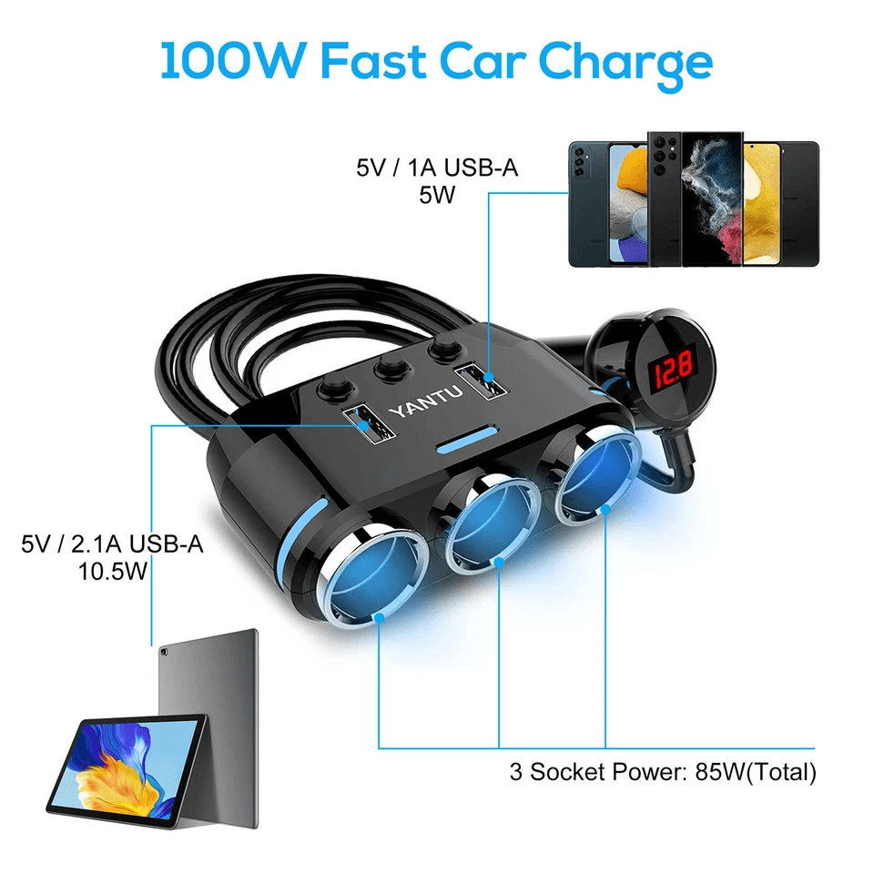 Multi Car Cigarette Lighter Socket Extension Splitter USB Charger DC 12V Adapter Power Outlet With  1