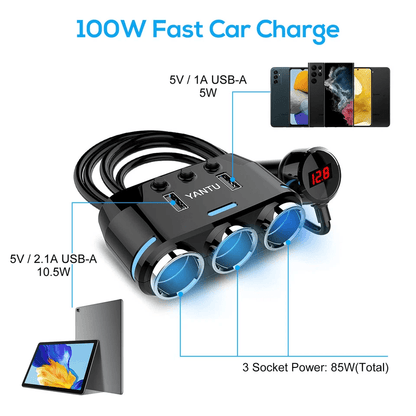 Multi Car Cigarette Lighter Socket Extension Splitter USB Charger DC 12V Adapter Power Outlet With  1