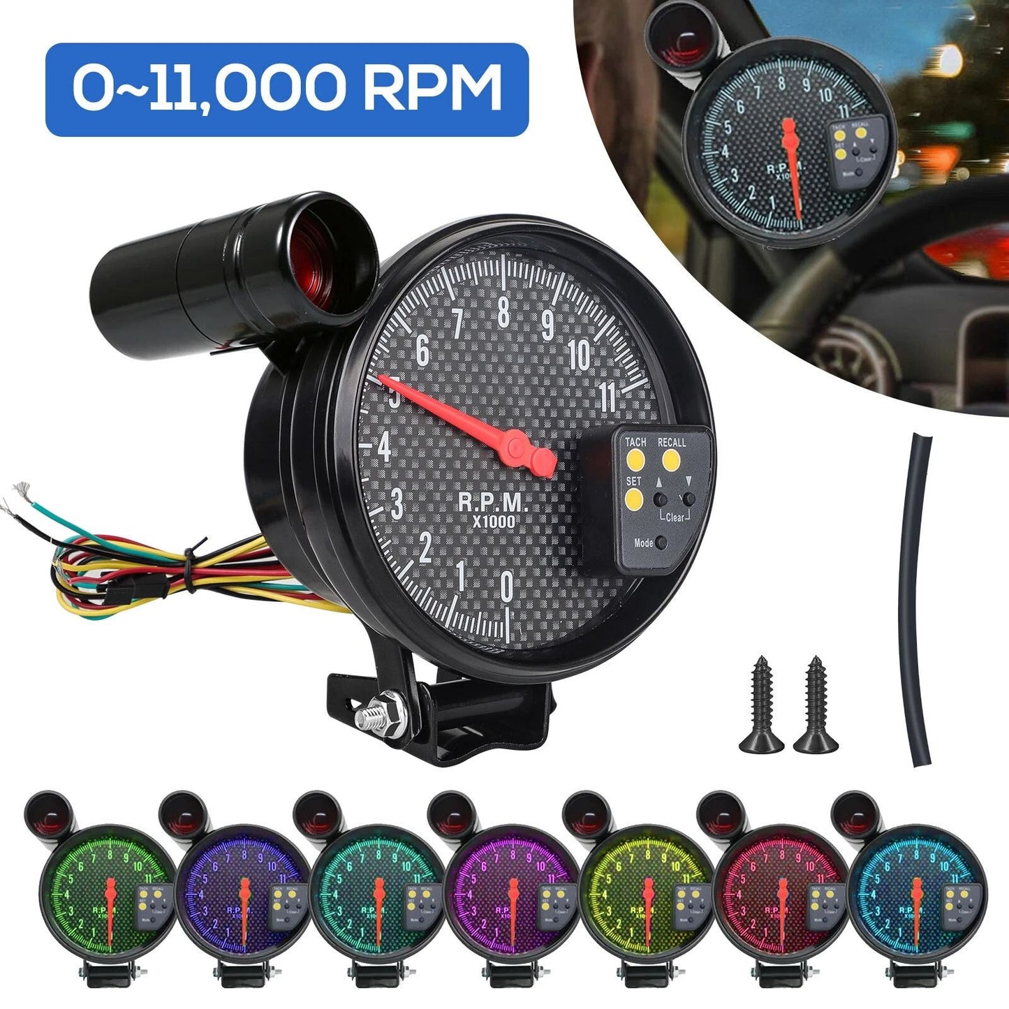 7Color Digital Tachometer 011000 RPM Gauge With Bright Shift Light For Cars  Motorcycles 2