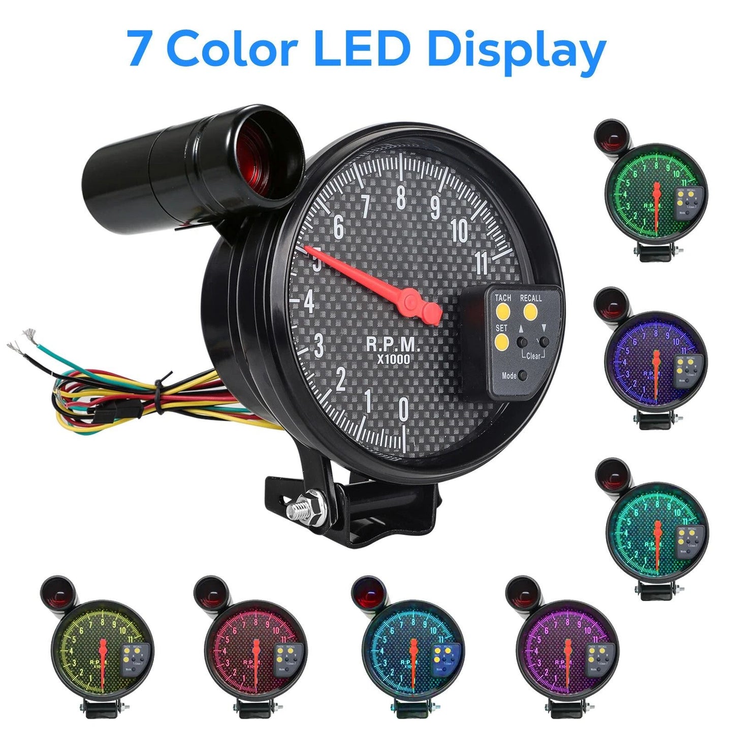 7-Color Digital Tachometer, 0-11,000 RPM Gauge with Bright Shift Light for Cars & Motorcycles